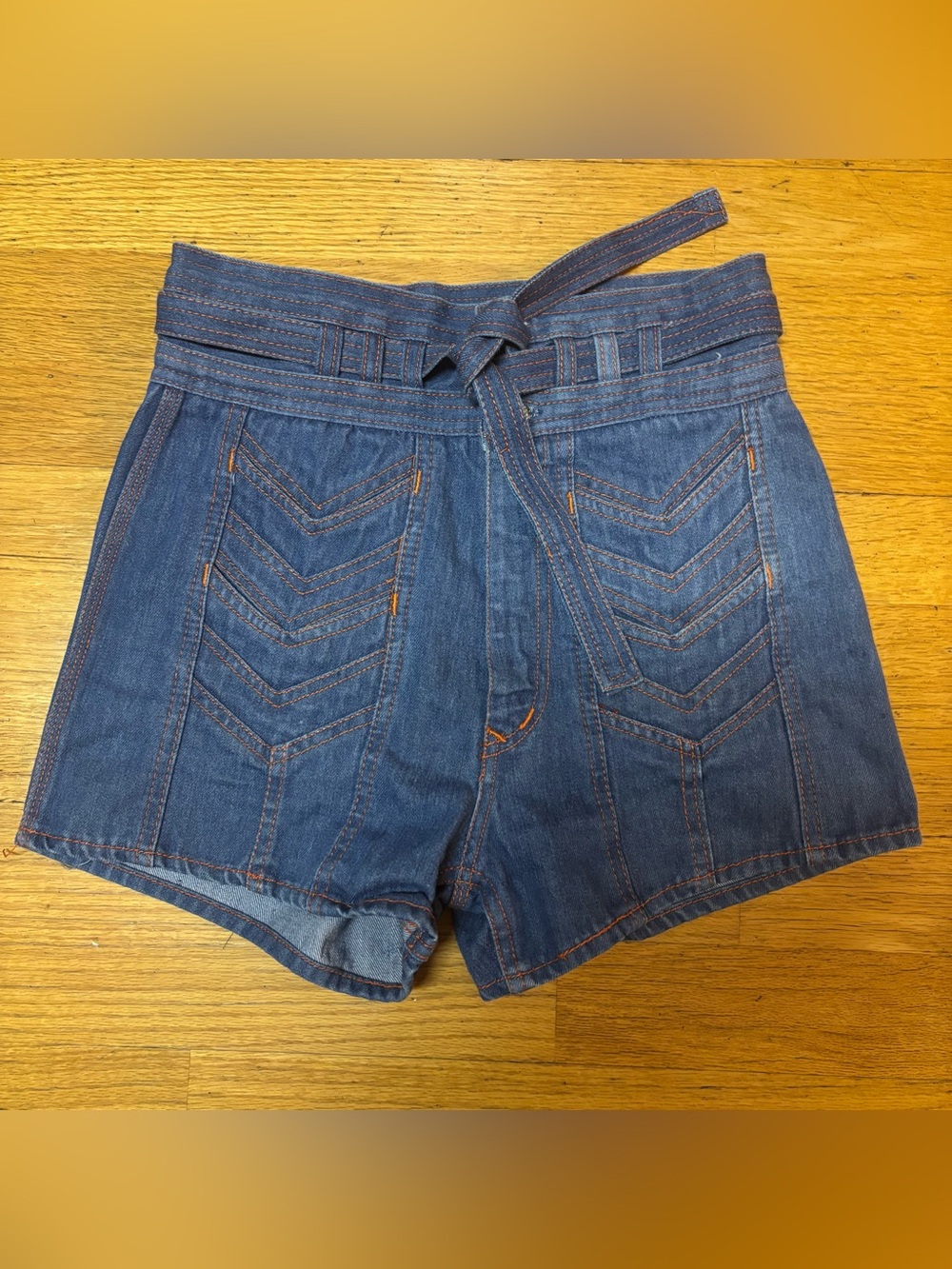 Vintage Nest Ce Pas Indigo RARE 70s High Waisted Tie Festival Jean Shorts 28